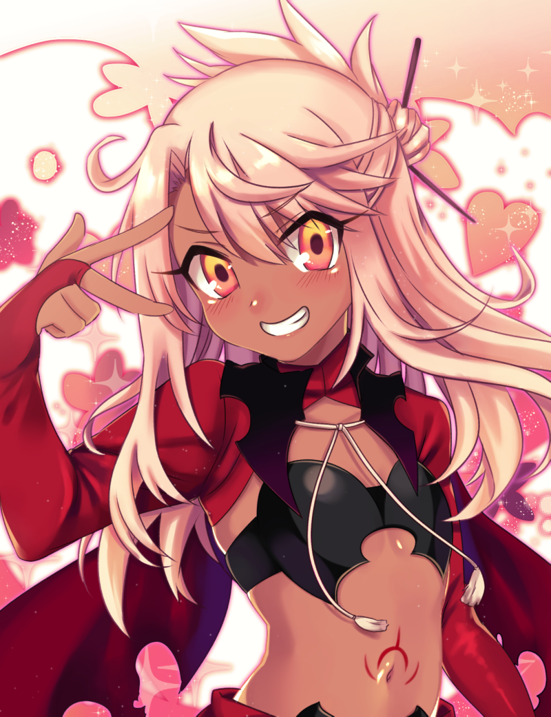 1girl, chloe_von_einzbern, dark_skin, fate/kaleid_liner_prisma_illya, fate_(series), flat_chest, grin, hair_ornament
