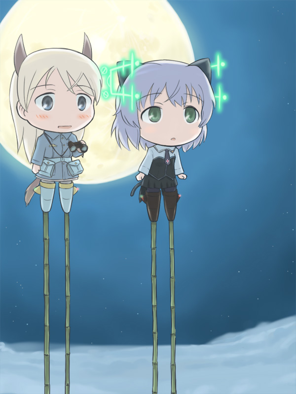 animal_ears, bamboo, bamboo_stilts, binoculars, black_legwear, blonde_hair, chibi, denden, eila_ilmatar_juutilainen, green_eyes, grey_eyes, hirschgeweih_antennas, long_hair, moon, multiple_girls, pantyhose, sanya_v_litvyak, short_hair, silver_eyes, silver_hair, stilts, strike_witches, tail, white_legwear, white_pantyhose