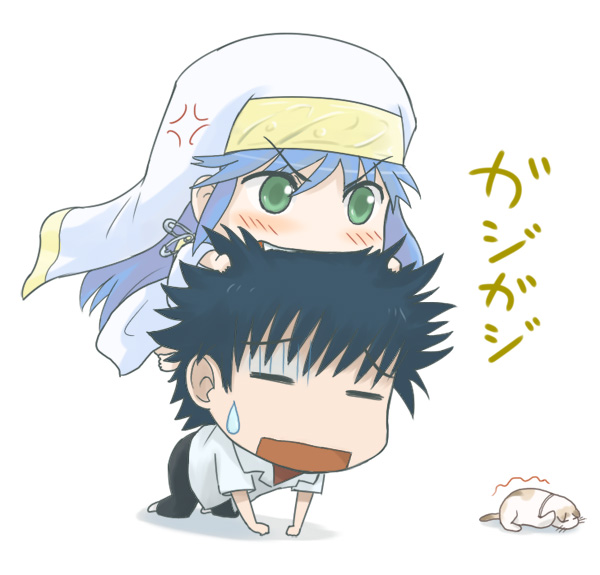 angry, bite, biting, black_hair, blue_hair, cat, chibi, denden, green_eyes, habit, head_bite, head_biting, index, kamijou_touma, long_hair, safety_pin, scared, short_hair, sphinx_(index), sphinx_(to_aru_majutsu_no_index), sweatdrop, to_aru_majutsu_no_index