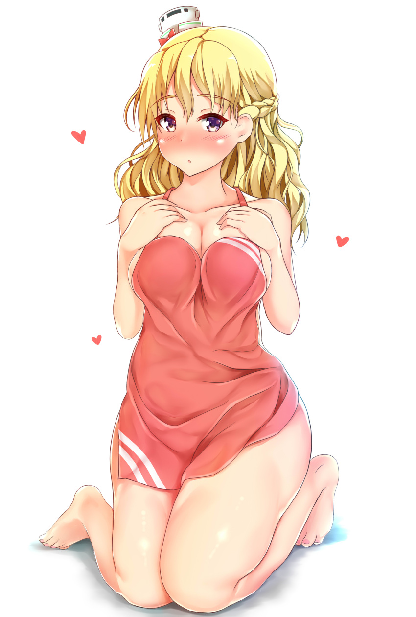 1girl, absurdres, apron, bangs, bare_shoulders, blonde_hair, blush, braid