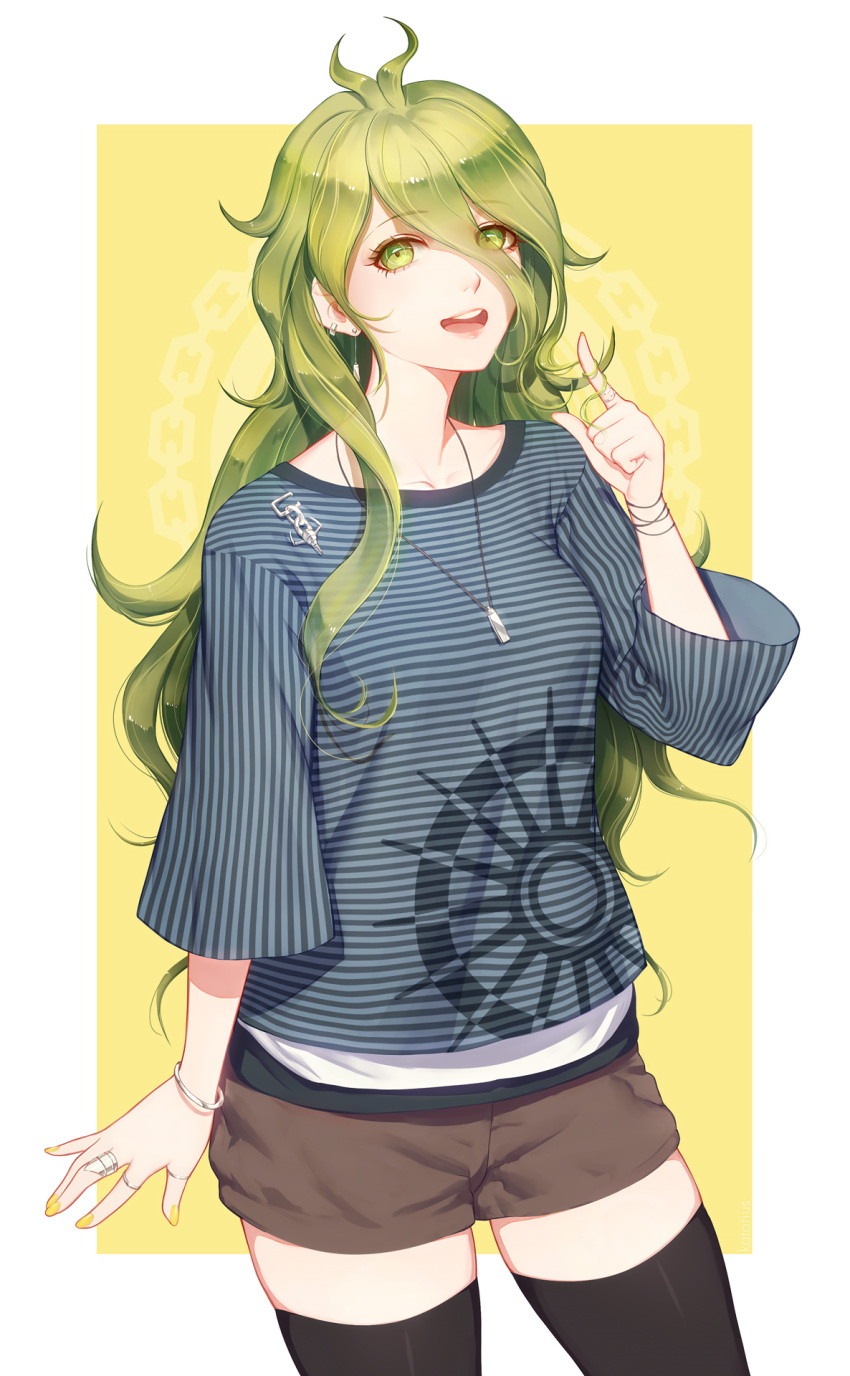 1girl, :d, \n/, adapted_costume, amami_rantarou, antenna_hair, arm_at_side, bangle