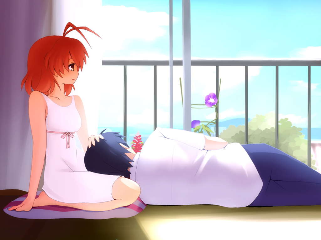 1boy, 1girl, barefoot, brown_eyes, brown_hair, clannad, dress, furukawa_nagisa