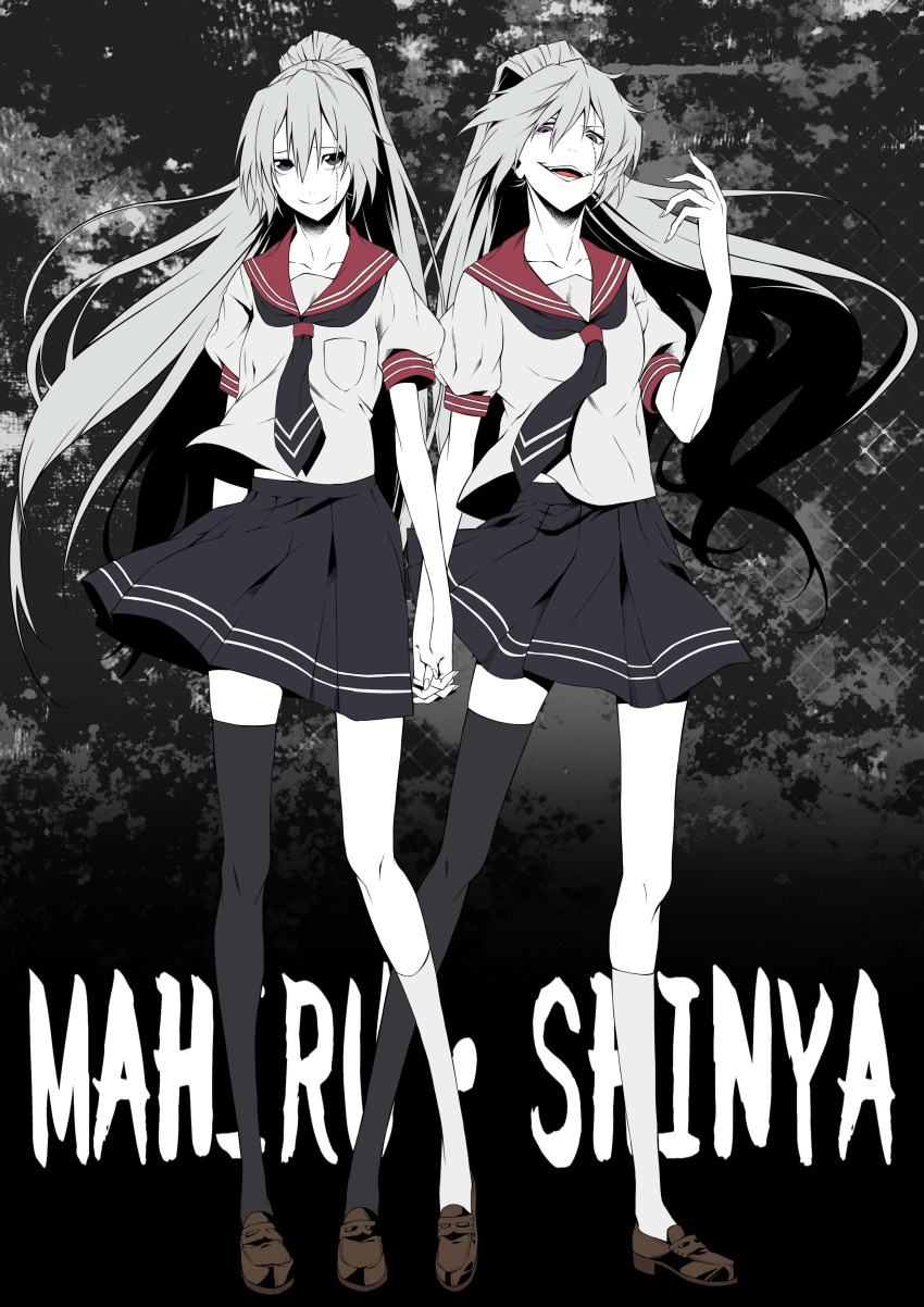 2girls, absurdres, akuma_no_riddle, asymmetrical_legwear, banba_mahiru, banba_shin'ya, black_eyes, black_legwear