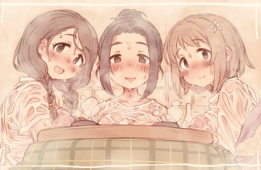 3girls, 7010, akanishi_erika, black_hair, blush, bra, braid, breasts