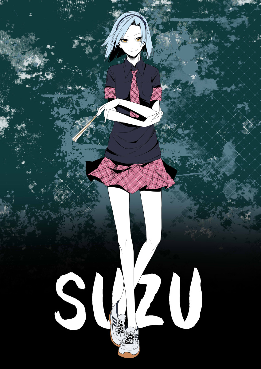 1girl, absurdres, akuma_no_riddle, blue_hair, character_name, crossed_arms, full_body, headphones