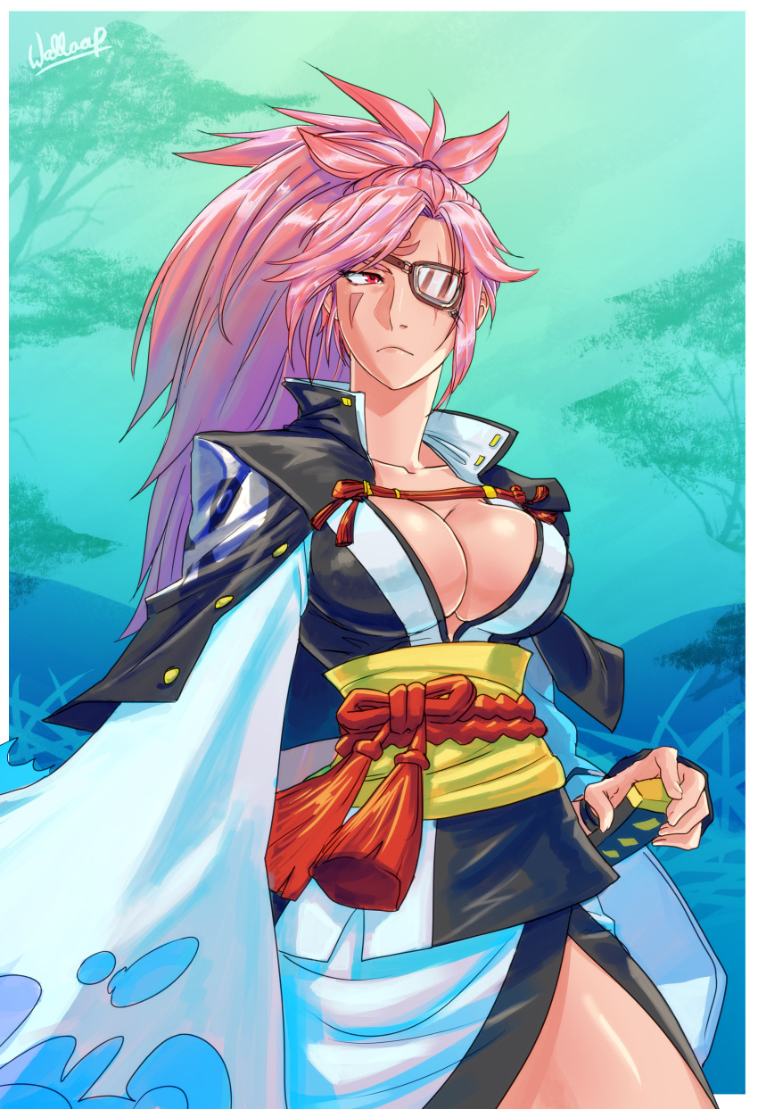 1girl, absurdres, baiken, breasts, cleavage, eyepatch, facial_tattoo, guilty_gear