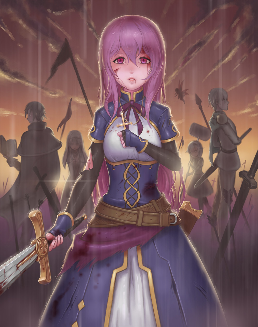 2boys, 3girls, arrow, blonde_hair, blood, blood_from_mouth, blood_on_face, bloody_clothes