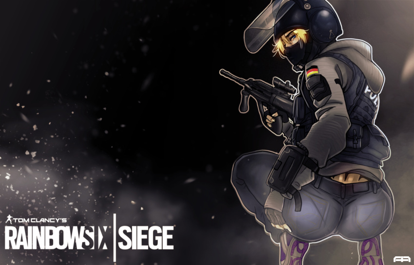 1girl, andava, ass, black_gloves, blonde_hair, bulletproof_vest, copyright_name, denim, face_mask, fingerless_gloves, from_behind, german_flag, gloves, gun, h&amp;k_usp, handgun, heckler_&amp;_koch, helmet, hood, hoodie, jeans, load_bearing_vest, mask, monika_weiss, operator, pants, pantylines, rainbow_six_siege, scope, scrope, shoes, sneakers, solo, squatting, submachine_gun, swat, trigger_discipline, visor, weapon