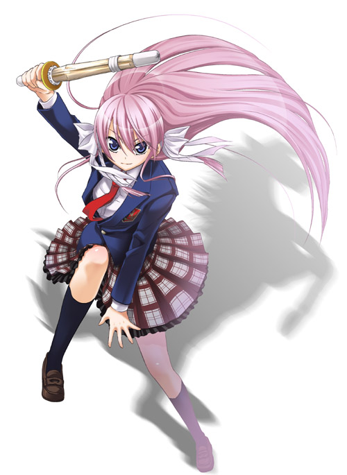 blue_eyes, bow, fighting_stance, hair_bow, horse, kanzaki_karuna, kneehighs, loafers