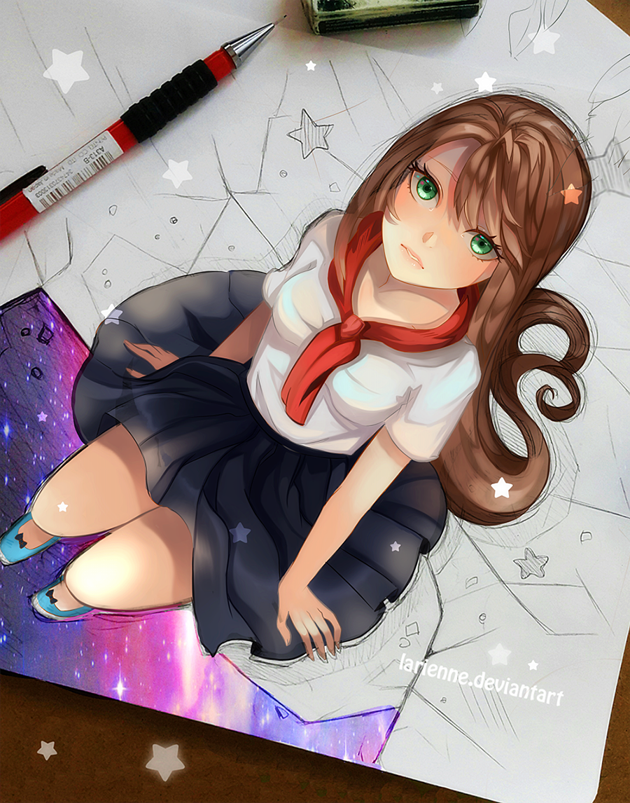 1girl, black_skirt, brown_hair, commentary, green_eyes, larienne, lips, long_hair
