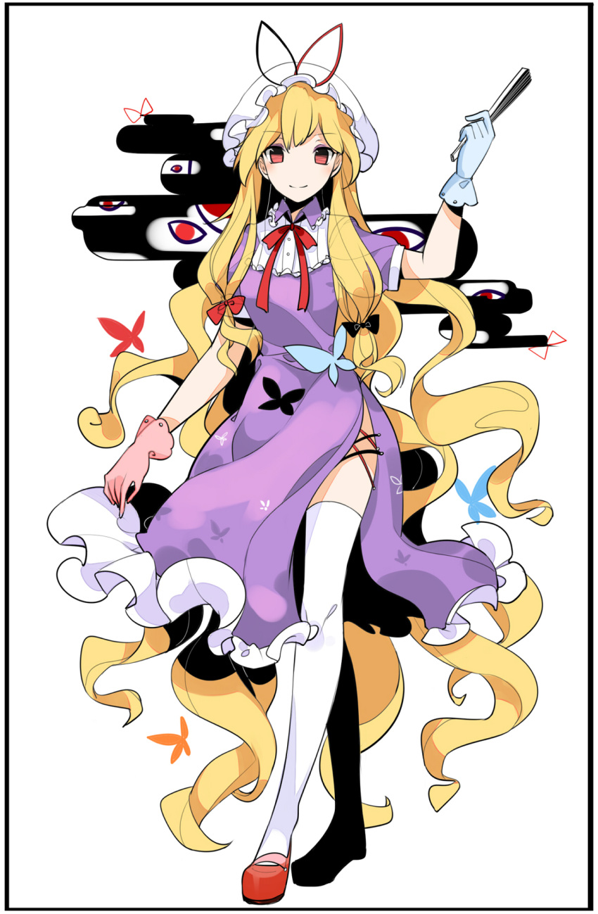 1girl, absurdly_long_hair, adapted_costume, bangs, blonde_hair, blue_gloves, blush, border
