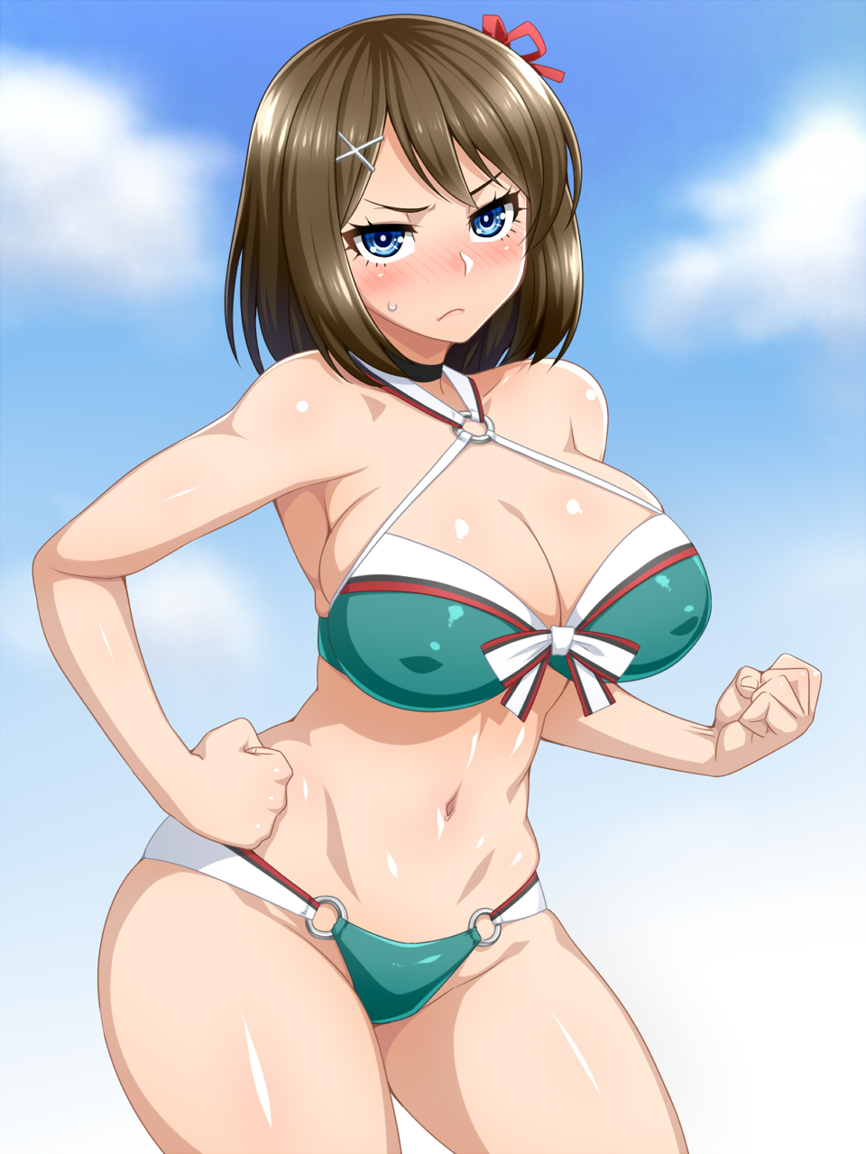 1girl, angry, bikini, blue_bikini, blue_eyes, blush, breasts, brown_hair