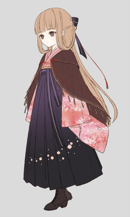 1girl, boots, brown_eyes, brown_hair, cape, female_saniwa_(touken_ranbu), floral_print, hair_ribbon