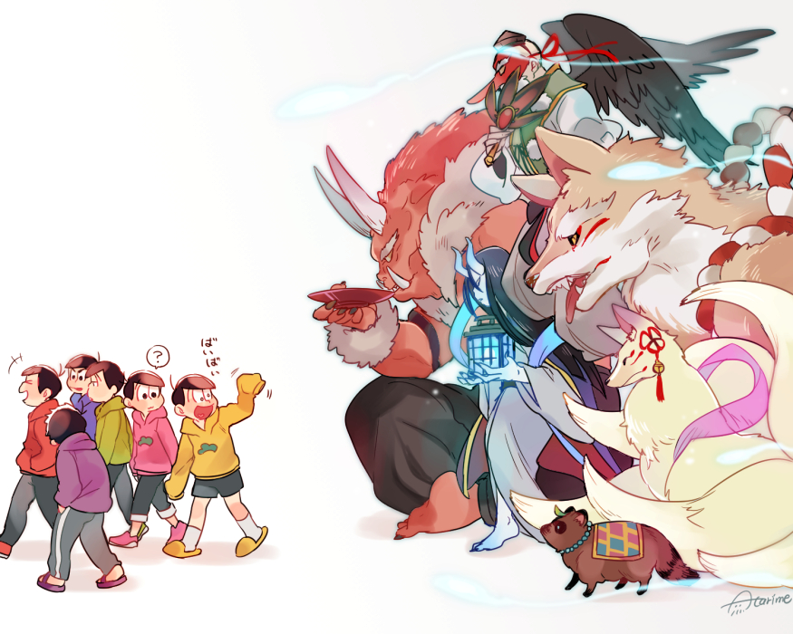 >:d, >_<, /\/\/\, 1girl, 6+boys, :d, :|, ?