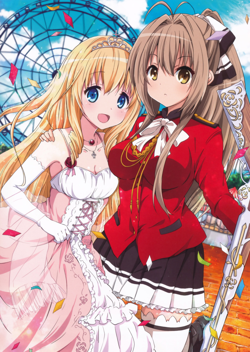 2girls, :d, absurdres, amagi_brilliant_park, antenna_hair, black_skirt, blonde_hair, blue_eyes, bow, breasts, brown_eyes, brown_hair, cleavage, collarbone, diadem, dress, elbow_gloves, eyebrows_visible_through_hair, frilled_skirt, frills, gloves, gun, hair_bow, hand_on_another's_shoulder, high_ponytail, highres, holding, holding_gun, holding_weapon, huge_filesize, jewelry, latifa_fleuranza, long_hair, looking_at_viewer, multiple_girls, neck_ribbon, necklace, one_leg_raised, open_mouth, outdoors, pink_dress, pleated_skirt, ragho_no_erika, red_shirt, ribbon, riffle, sento_isuzu, shirt, skirt, sleeveless, sleeveless_dress, small_breasts, smile, standing, thigh-highs, weapon, white_bow, white_gloves, white_legwear, white_ribbon, zettai_ryouiki