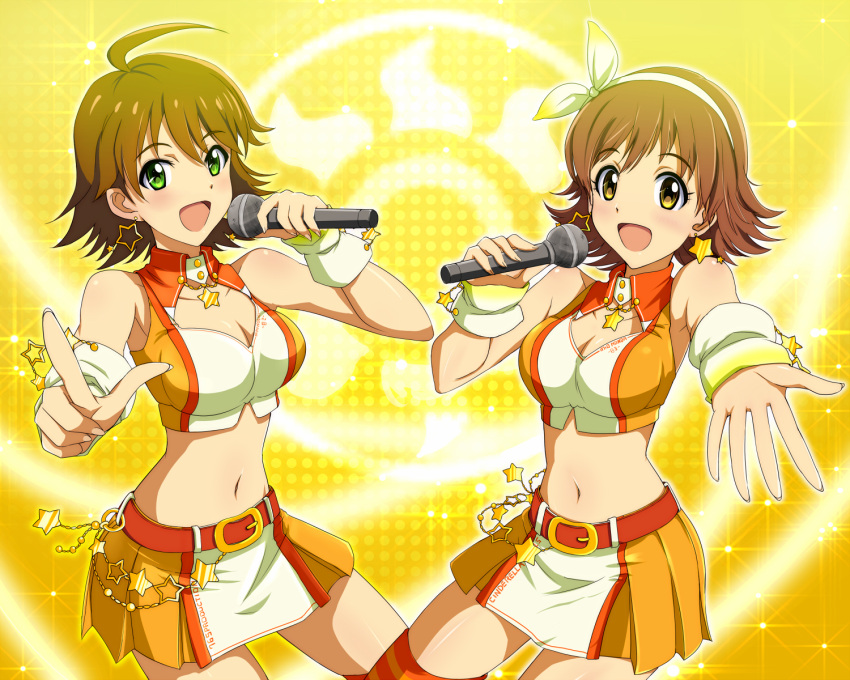 2girls, awakened_miki, breasts, brown_hair, cleavage, earrings, green_eyes, hairband