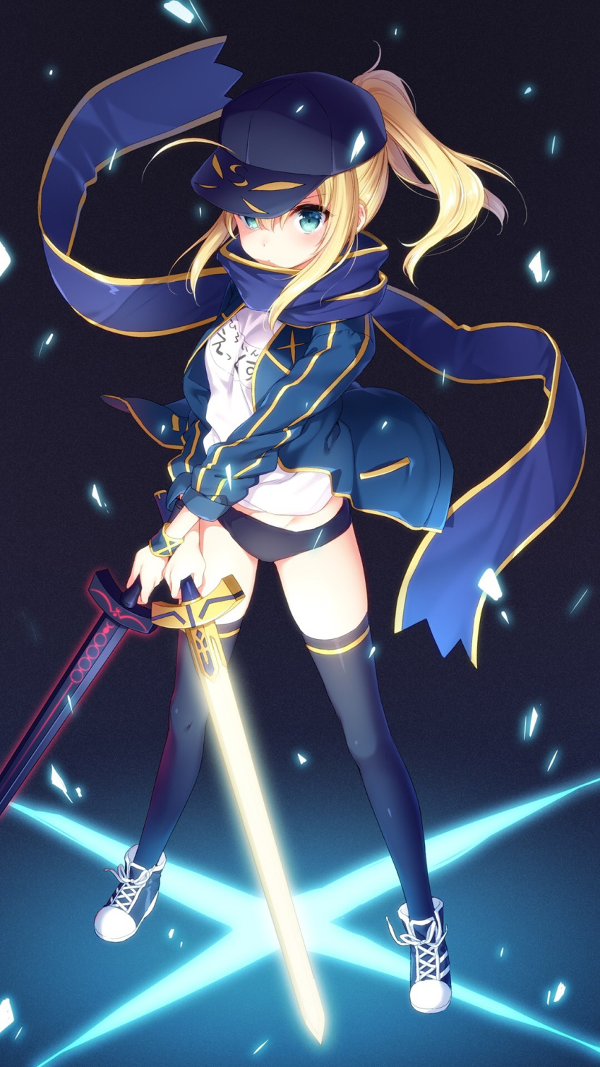 1girl, ahoge, aqua_eyes, baseball_cap, black_legwear, blonde_hair, blue_jacket, blue_scarf