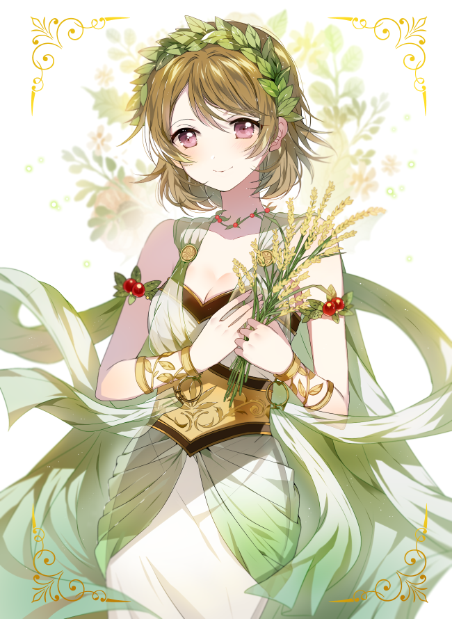 1girl, breasts, brown_hair, cleavage, dress, koizumi_hanayo, love_live!, love_live!_school_idol_festival, love_live!_school_idol_project, n_n_(vbdpsep), olive, rice_paddy, short_hair, smile, solo, violet_eyes, white_dress