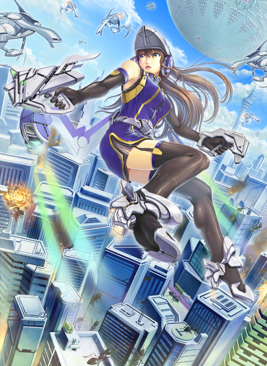 blue_eyes, brown_hair, chikyuu_boueigun, elbow_gloves, flying, gloves, gun, hi-ho-, highres, legs, lips, long_hair, thigh-highs, thighhighs, weapon