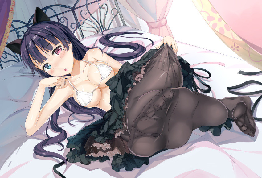 1girl, alternate_breast_size, animal_ears, araragikoyomis, bed, bikini, bikini_top, black_legwear, breasts, cat_ears, dutch_angle, feet, foreshortening, full_body, gokou_ruri, hairband, heterochromia, highres, hime_cut, long_hair, medium_breasts, micro_bikini, midriff, miniskirt, mole, mole_under_eye, no_shoes, open_mouth, ore_no_imouto_ga_konna_ni_kawaii_wake_ga_nai, pantyhose, pantyhose_pull, perspective, red_eyes, sideboob, skirt, soles, solo, swimsuit, thighband_pantyhose, toes, under_boob, violet_eyes