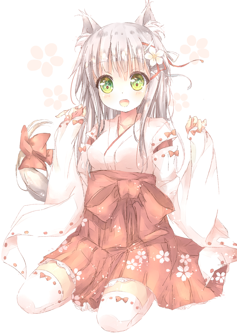 1girl, animal_ears, blush, bow, commentary_request, eyebrows_visible_through_hair, floral_print, flower