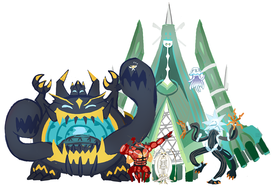 buzzwole, celesteela, conmimi, detached_arms, everyone, facing_viewer, floating, guzzlord