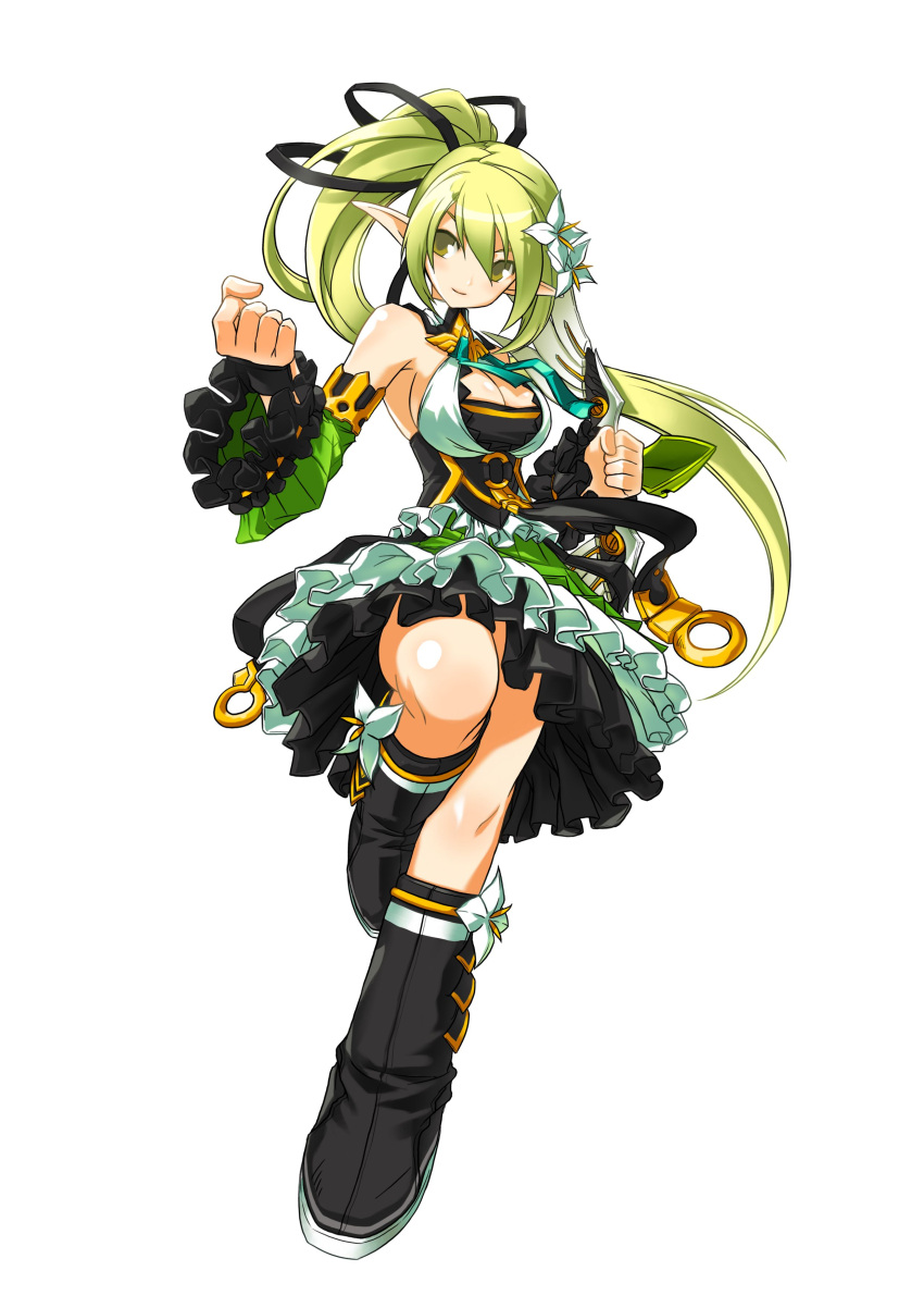 1girl, absurdres, black_boots, black_ribbon, boots, breasts, cleavage, clenched_hand