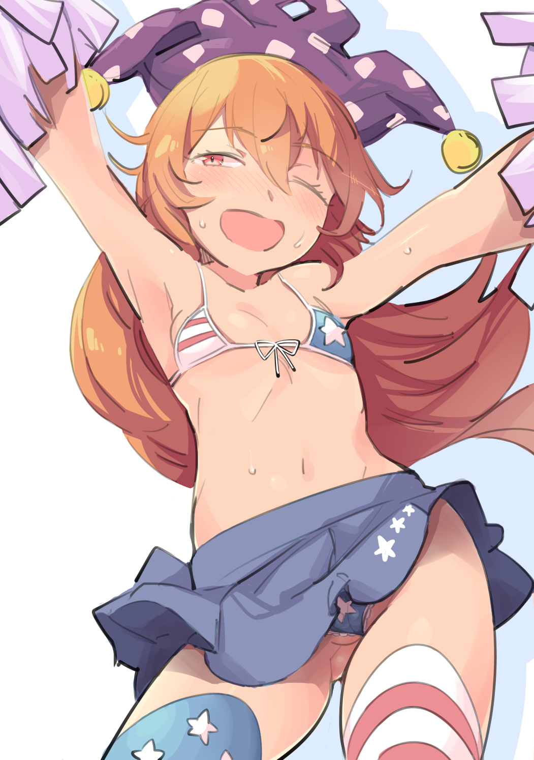 1girl, akuma_(akuma0907), american_flag, american_flag_bikini, american_flag_legwear, arms_up, bikini, blonde_hair