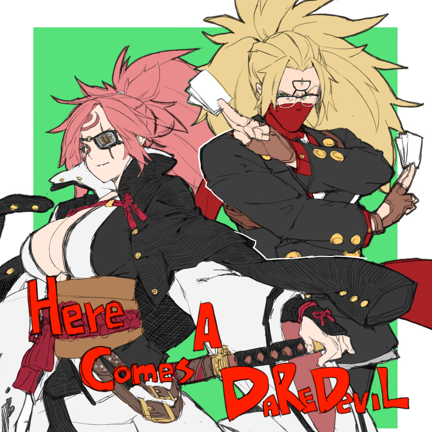 1boy, 1girl, absurdres, amputee, answer_(guilty_gear), baiken, big_hair, breasts