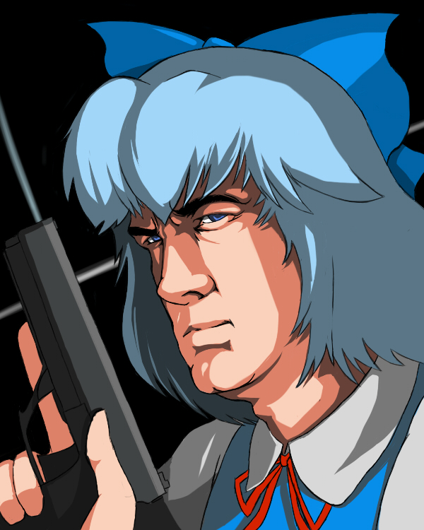 blue_eyes, blue_hair, cirno, gun, namida_boshi, parody, steven_seagal, touhou
