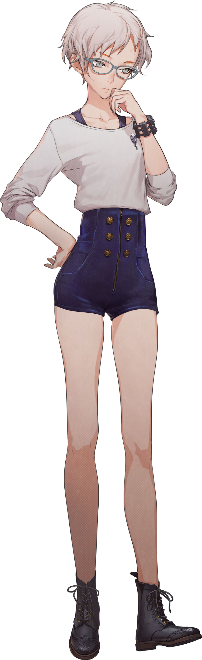 1girl, absurdres, blue-framed_eyewear, boots, full_body, glasses, hand_to_own_mouth, highres