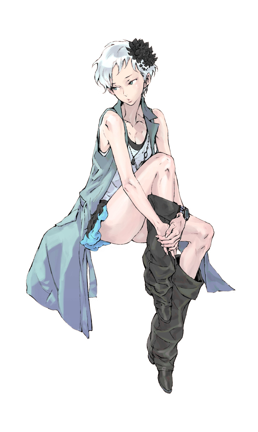 1girl, absurdres, breasts, flower, full_body, hair_flower, hair_ornament, hands_together