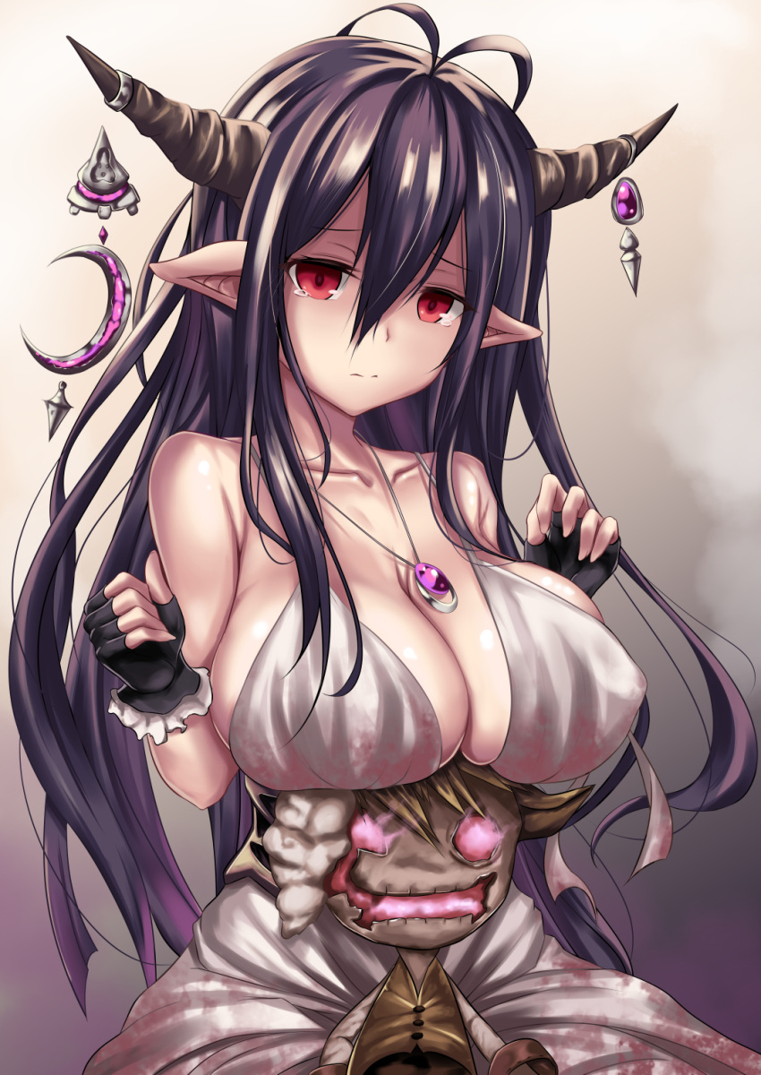 1girl, antenna_hair, bare_shoulders, black_gloves, black_hair, breast_rest, breasts, cleavage