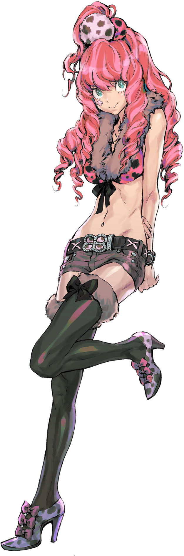 1girl, aqua_eyes, arms_behind_back, breasts, drill_hair, facial_mark, front-tie_top, full_body
