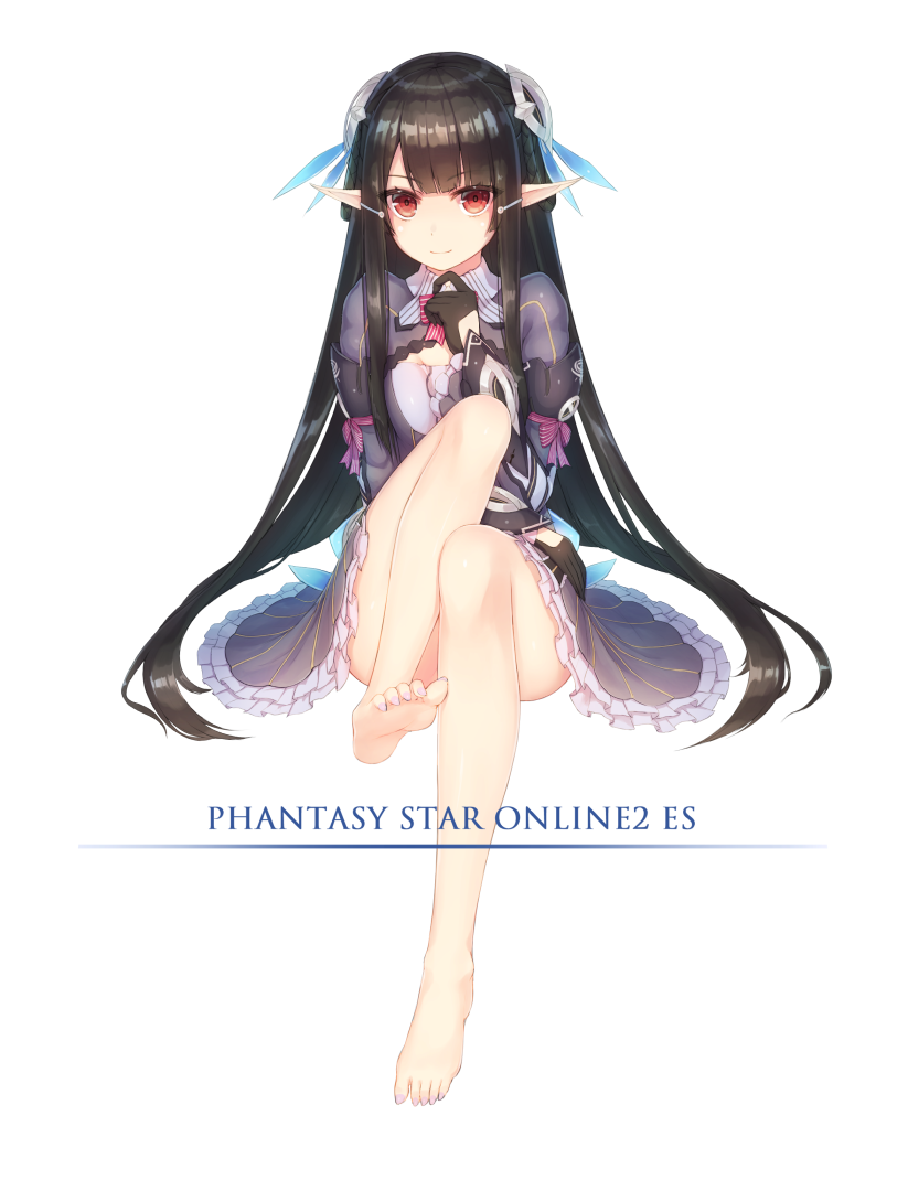 1girl, anette_(pso2), bangs, barefoot, black_dress, black_gloves, black_hair, blunt_bangs