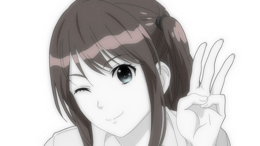 1girl, commentary_request, eyebrows_visible_through_hair, face, greyscale, head_tilt, long_hair, looking_at_viewer, monochrome, one_eye_closed, seiren, side_ponytail, smile, solo, tsuneki_hikari, watanabegenn, wink