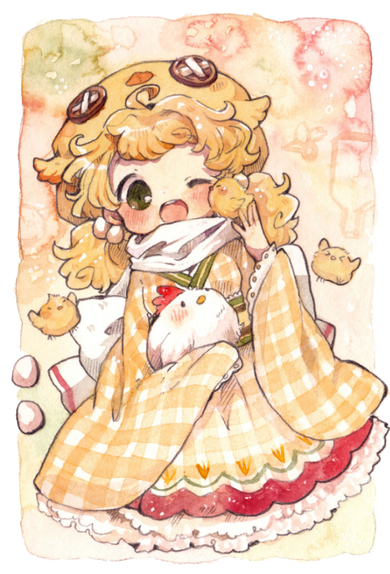 1girl, animal, animal_hat, bird, blonde_hair, blush, bow, chick