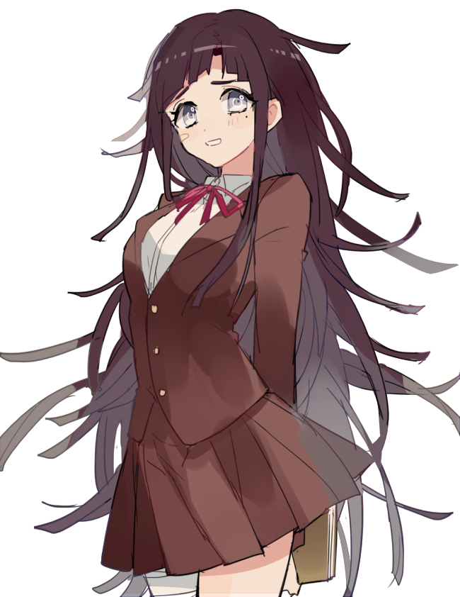 1girl, arms_behind_back, bandaged_leg, bandaid, blush, dangan_ronpa, dangan_ronpa_3, grey_eyes