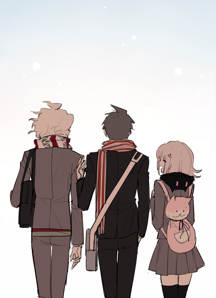 1girl, 2boys, backpack, bag, brown_hair, dangan_ronpa, flipped_hair, hinata_hajime