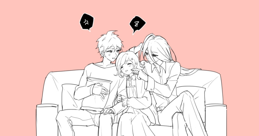 1girl, 2boys, ahoge, anger_vein, arm_rest, cheek_poking, couch, dangan_ronpa