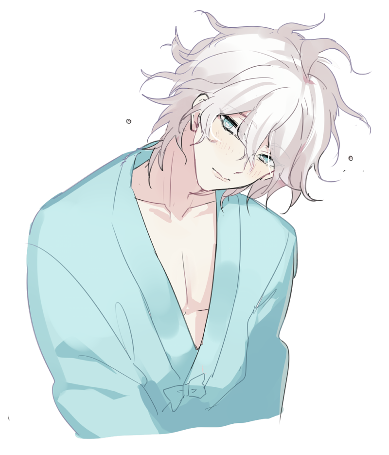 1boy, ahoge, blue_eyes, dangan_ronpa, head_tilt, hospital_gown, komaeda_nagito, looking_at_viewer