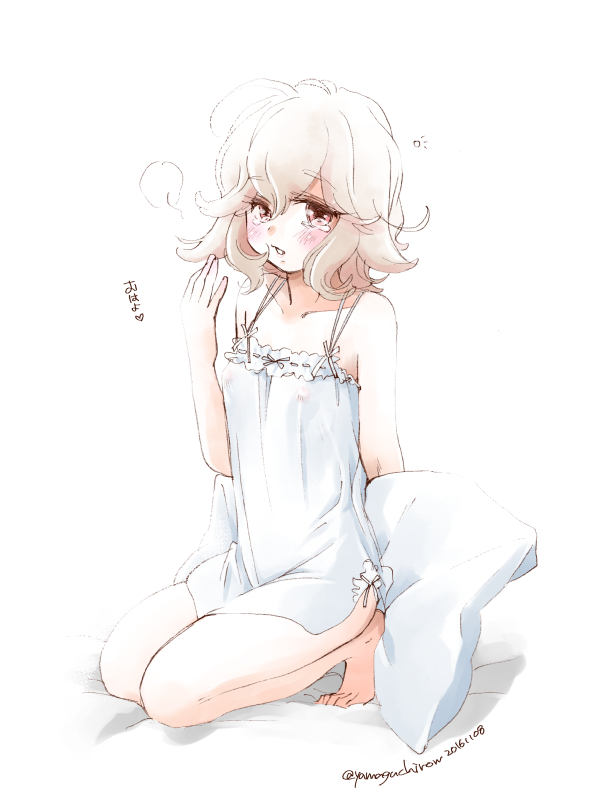 1girl, atra_mixta, blush, brown_hair, erect_nipples, gundam, gundam_tekketsu_no_orphans, pillow