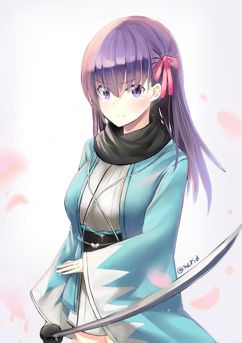 >:), 1girl, blush, cosplay, fate/stay_night, fate_(series), hair_ribbon, highres