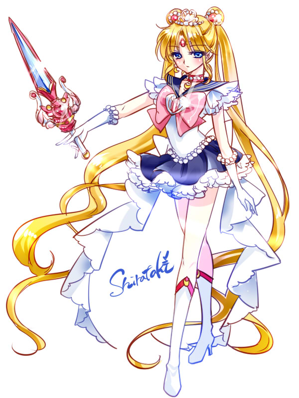 1girl, bishoujo_senshi_sailor_moon, blonde_hair, blue_eyes, blue_skirt, boots, bow, brooch