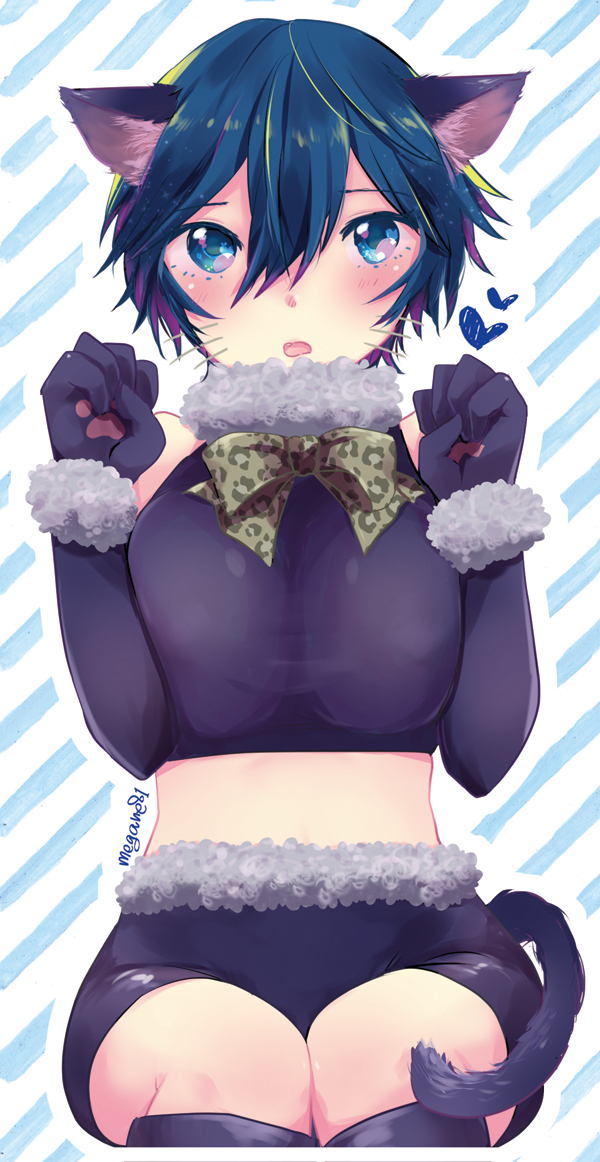 1girl, alternate_costume, animal_costume, animal_ears, boots, bow, breasts, cat_costume