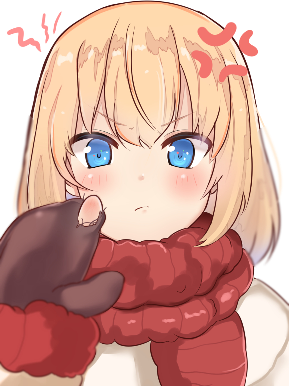 >:(, 1girl, anger_vein, black_gloves, black_mittens, blonde_hair, blue_eyes, blush, bob_cut, coat, frown, fur_trim, girls_und_panzer, gloves, highres, hole, hole_in_mitten, katyusha, mittens, red_scarf, scarf, short_hair, solo, untsue, white_coat