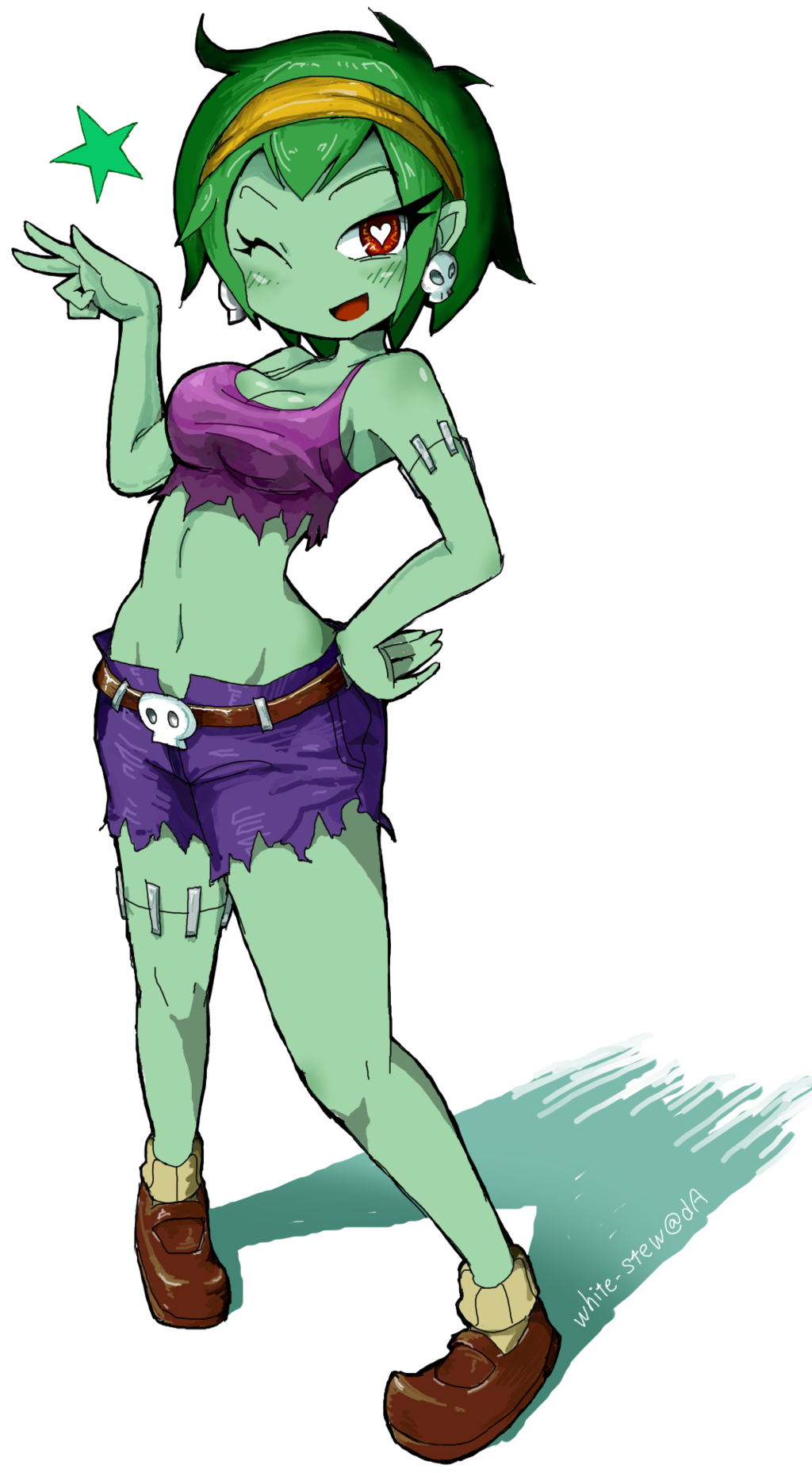1girl, ;d, artist_name, bare_arms, bare_shoulders, belt, blush, breasts, cleavage, earrings, eyelashes, full_body, green_hair, green_skin, hand_on_hip, happy, headband, heart, heart-shaped_pupils, highres, jewelry, legs, looking_at_viewer, midriff, navel, one_eye_closed, open_mouth, red_eyes, rottytops, shantae, shantae_(series), shoes, short_hair, shorts, sideboob, simple_background, skull_belt, skull_earrings, smile, socks, solo, star, stitches, stomach, symbol-shaped_pupils, tank_top, torn_clothes, v, white-stew, white_background, zombie