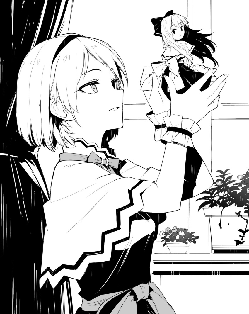 2girls, alice_margatroid, apron, bangs, bow, bowtie, capelet, curtains, dress, ehokun, eyebrows_visible_through_hair, fingernails, flower, flower_pot, hair_bow, hairband, highres, holding, long_hair, long_sleeves, monochrome, multiple_girls, neck_ribbon, open_mouth, plant, ribbon, sash, shanghai_doll, short_hair, sitting, smile, touhou, waist_apron, window, wrist_cuffs