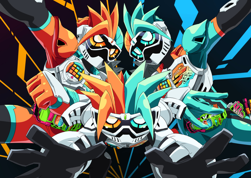 2boys, absurdres, armor, breastplate, commentary_request, double_action_gamer_level_1, double_action_gamer_level_x, helmet, highres, kamen_rider, kamen_rider_ex-aid, kamen_rider_ex-aid_(series), mighty_brothers_xx, multiple_boys, otokamu, rider_gashat, siblings, twins
