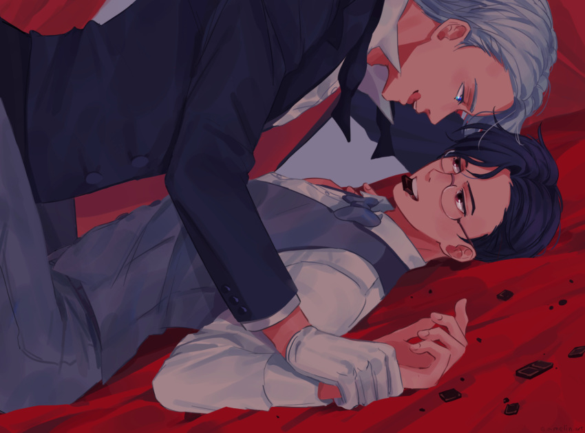 2boys, ameli-ya, black_hair, blue_eyes, bow, bowtie, chocolate, dutch_angle